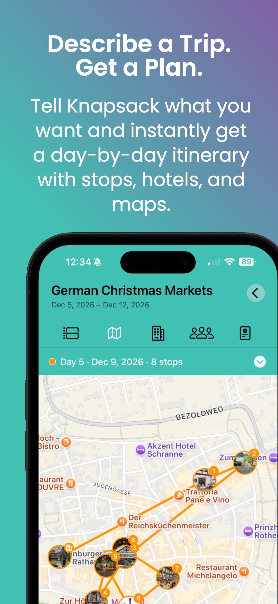 Knapsack itinerary and map view